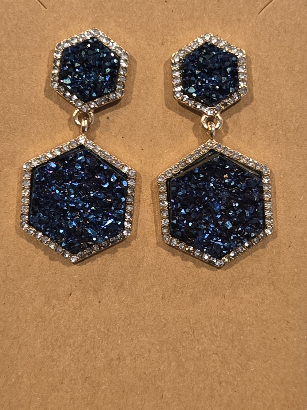 Gold-Tone Hexagon Blue Druzy Drop Earrings